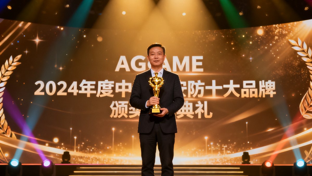 2024年度中国安防十大品牌颁奖典礼，AGGAME代表在领奖台上手捧金色奖杯，背景为颁奖晚会灯光璀璨的舞台
